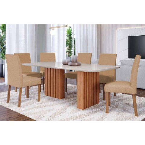 Sala de Jantar Completa Ester C/ Tampo Madeirado C/ Vidro 180x90cm e 6 Cadeiras Maia Savana-cinamomo