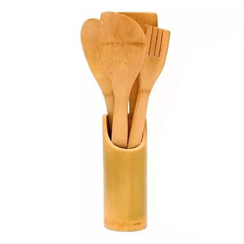 Conjunto de Utensílios Espátulas de Bambu com Copo 4 Peças
