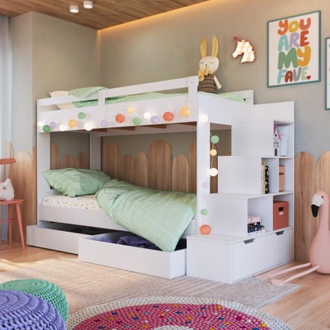 Cama Triliche Infantil com Cama Auxiliar, Escada de Nichos e Gavetas - Completa Móveis