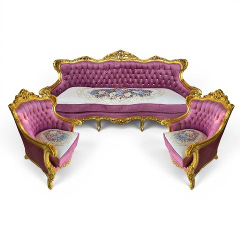 Jogo de Sofá Classico com Par de Poltrona Roxo com Dourado 98x188x80cm e 95x84x75cm