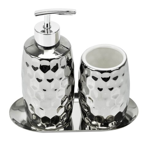 Kit de Banheiro Lavabo 3 Peças Estilo Martelado Prata 3871