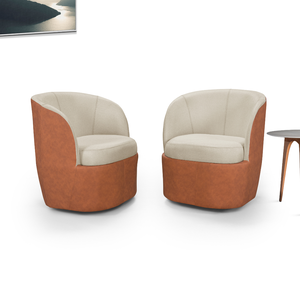 Conjunto de Poltronas Liz Composê Linho Cru e Corino Marrom Base Giratória