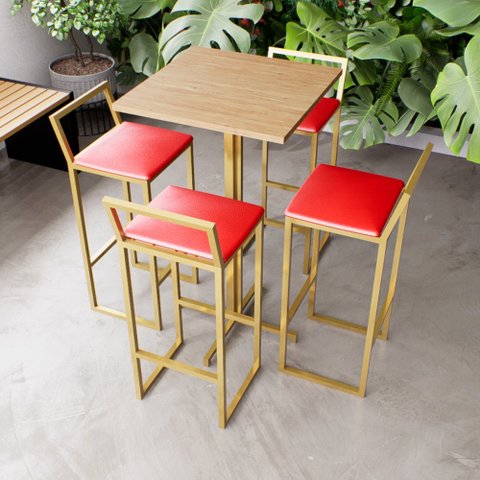 Jogo Mesa Alta Bistrô Quadrada Pinus 4 Banquetas Estofado Vermelho Confort Ind Dourado Don Castro