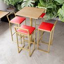 Ver imagem 1 de Jogo Mesa Alta Bistrô Quadrada Pinus 4 Banquetas Estofado Vermelho Confort Ind Dourado Don Castro