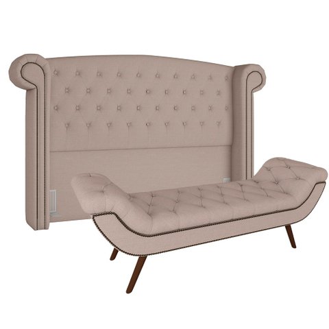 Cabeceira Cama Box Casal King 195cm Provença com Calçadeira Vêneto P02 Linho Bege Cru -