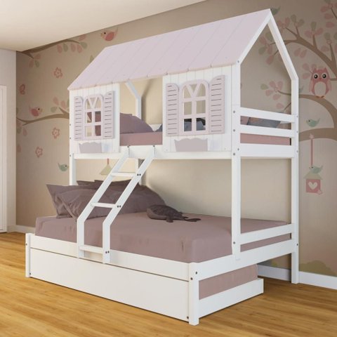 Treliche Casal/ Solteiro Casinha Bela - Madeira Maciça Branco/rosa | Megamobilia