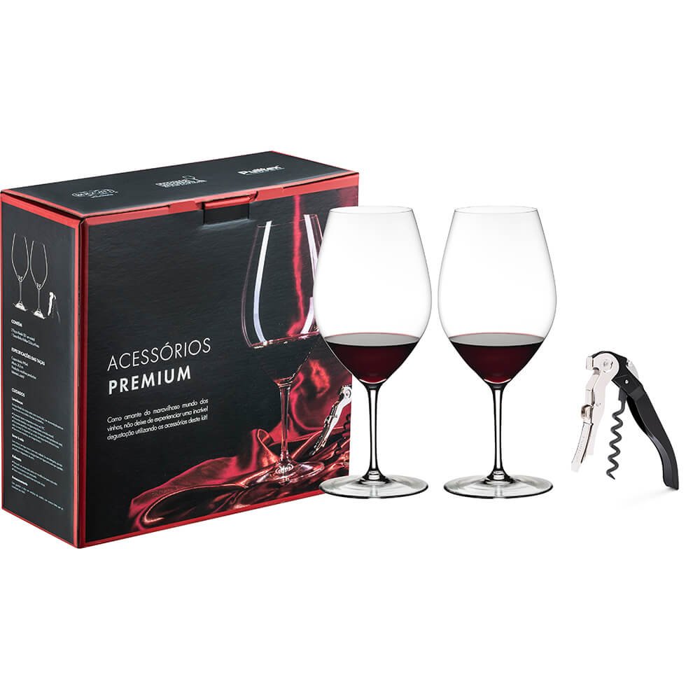 Kit Premium 2 Taças Riedel 995 Ml Saca-rolhas Pulltex Clickcut Preto