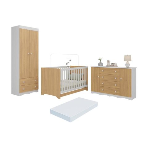 Quarto de Bebê Completo Berço Americano 3 em 1 Colchão Realeza Multimóveis Mp4611 Branco/