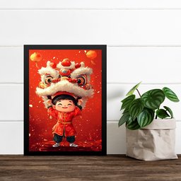 Quadro Decorativo Leão Chinês - Menininha 24x18cm:moldura Branca - 1 Quadro Decorativo Leão Chinês - Menininha 24x18cm:moldura Branca - 1