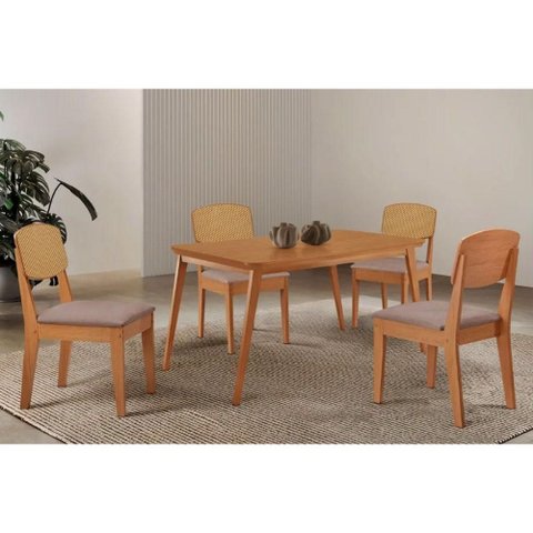 Sala Jantar Mesa Havana Tampo Curvo 120cm+4 Cadeiras Havana Naturale - Linho Capuccino - Rufato