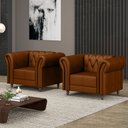 Ver imagem 1 de Kit 2 Poltronas Decorativas Sala de Estar Stanford Chesterfield Pés de Madeira Couro Conhaque g58 -