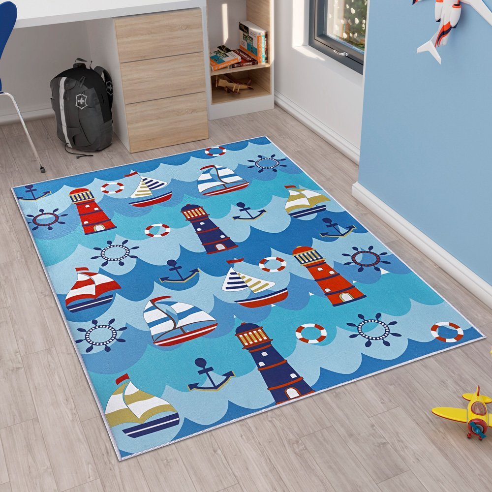 Tapete Infantil 1,00m X 1,40m Quarto Sala Antiderrapante Estampado Menino Menina Marinheiro