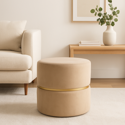Puff Cinta no Meio Decorativa Bege Tecido de Veludo