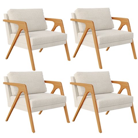 Kit 4 Poltronas Decorativas Sala Estar Pietra Estrutura de Madeira L02 Linho Champanhe - Lyam