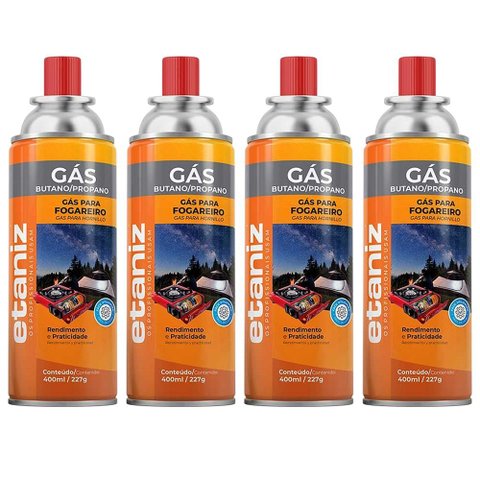 Kit 4 Refil Gás Fogareiro Etaniz 400ml 227g Butano Portátil Camping Churrasco Cozinha Maçaricos
