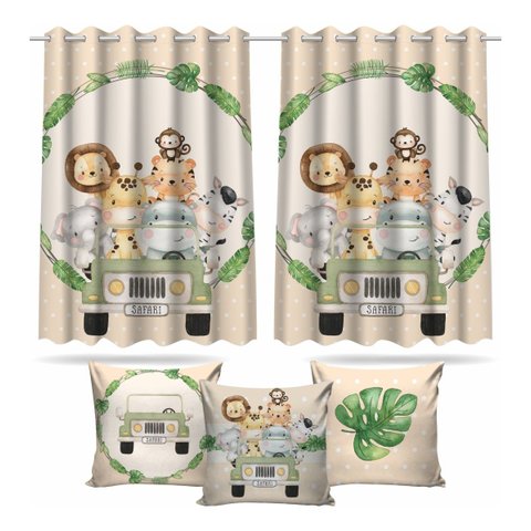 Kit Cortina + 3 Capas Almofadas Infantil Safari Baby 05