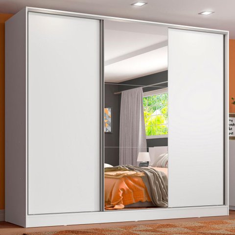 Guarda Roupa Juvenil 100% Mdf Madesa Kevin 3 Portas de Correr com Espelho - Branco