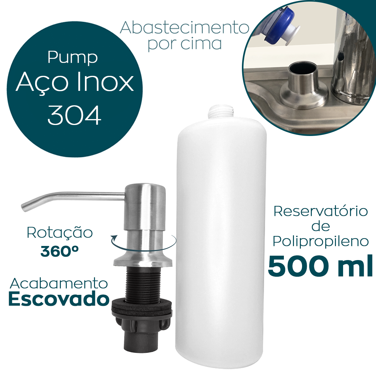Dispenser dosador detergente Inox 304 embutir 500ml Cozinha porta sabonete sabao líquido de banheiro - 2