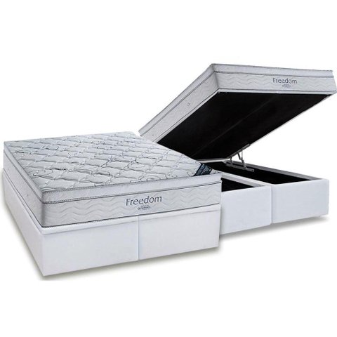 Cama Box Baú King: Colchão Molas Ensacadas Ortobom SuperPocket Freedom Visco + Base CRC Courano Whit