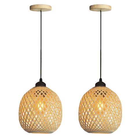 2 Pendente de Fibra Natural Bambu Artesanal Quarto E27 Nat02