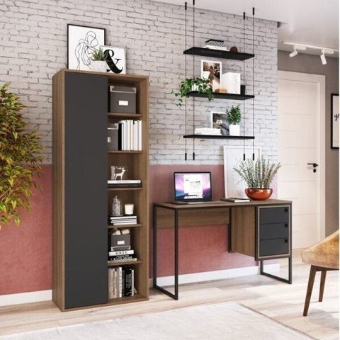 Conjunto 2 Peças com Estante Livreiro e Escrivaninha 3 Gavetas Marrom/Grafite/Mel