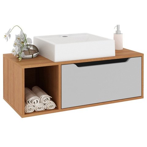 Gabinete 1 Porta com Cuba para Banheiro Bn3600x44 Amendoa Branco Tecno Mobili
