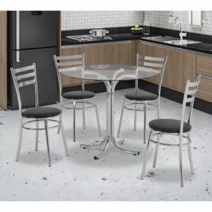 Conjunto Mesa Redonda Tampo de Vidro e 4 Cadeiras Assento Estofado 