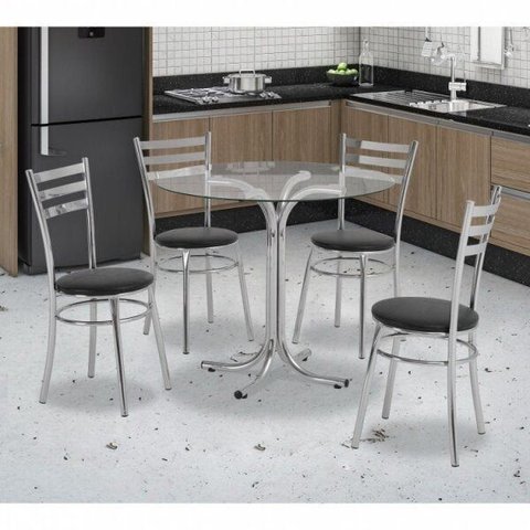 Conjunto Mesa Redonda Tampo de Vidro e 4 Cadeiras Assento Estofado Preto/Cromado
