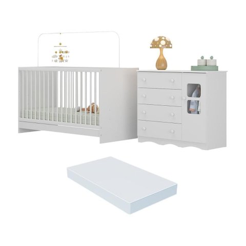 Berço 3 em 1 com Colchão Incluso e Cômoda 1 Porta 4 Gavetas Serena Multimóveis Mp4753 Branco