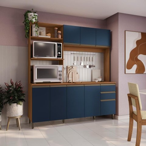 Cozinha Compacta Luna Kappesberg 3 Peças Canela/azul Profundo 192,5cm