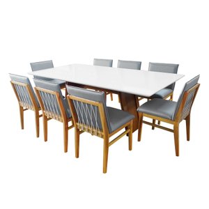 Sala de Jantar Viena (base+tampo) 2,20x1,10, com 8 Cadeiras Rope Verniz Nogueira, Factor Cinza - Tam