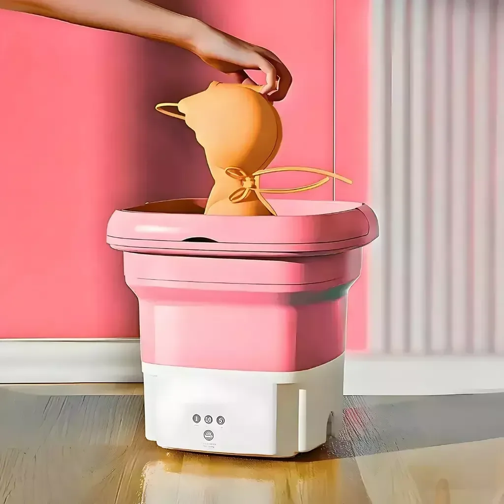 Mini Máquina de Lavar Roupa Portátil Dobrável - Rosa - 4