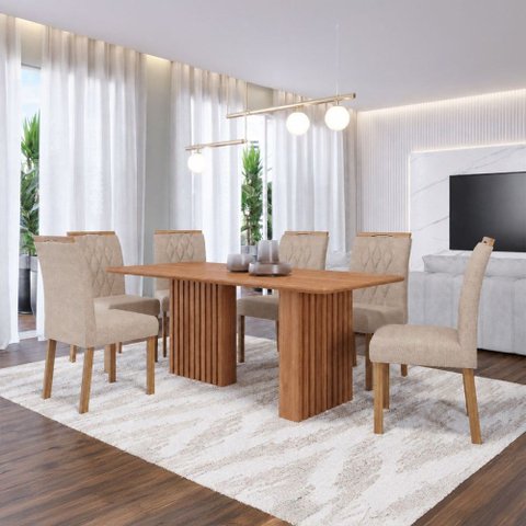 Sala de Jantar 6 Lugares 180 cm Emma Cadeiras Madeira Maciça Cinamomo/Linho Bege - Panorama Móveis