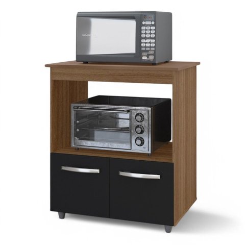 Balcão Cozinha para Forno Micro-ondas Multiuso Angel 02 Portas Savana Preto - Desk Design