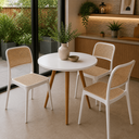Ver imagem 1 de Conjunto Mesa de Jantar Redonda 70cm com 3 Cadeiras Mônaco Rattan - Branco e Nude