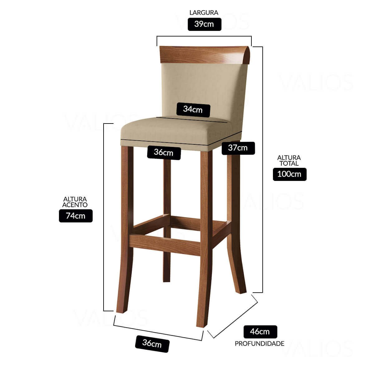 Cadeira para bancada banco alto de madeira bar cozinha americana encosto estofado Valios Banqueta - 5
