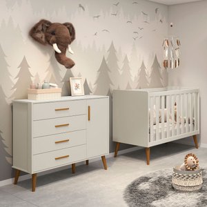 Kit Quarto Bebê Berço Americano 2 em 1 e Comoda Sapateira Isis Areia Fosco Infantil Pés Retrô Reller