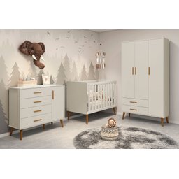 Kit Quarto Bebê Berço Americano 2 em 1 e Comoda Sapateira Isis Areia Fosco Infantil Pés Retrô Reller - 2