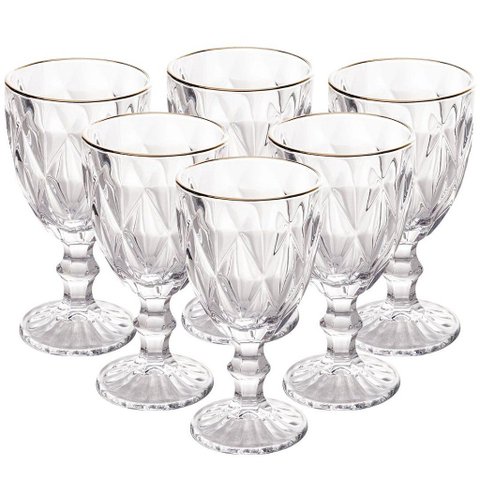 Jogo 6 Taças Diamante Transparente Borda Dourada 340ml