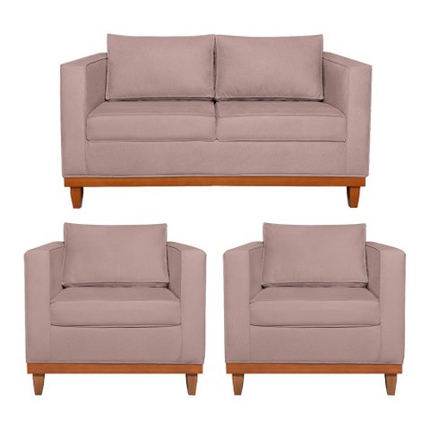 Kit Sofá 3 Lugares e 2 Poltronas Europa 180 cm Estilo Conforto e Elegância Linho Rosê - Amarena