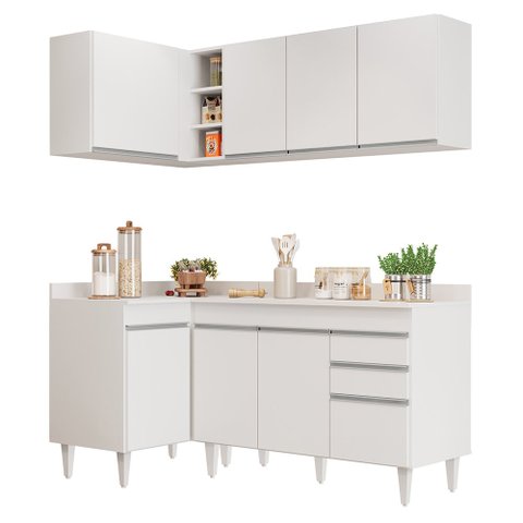 Armário de Cozinha Modulado de Canto Direito 4 Peças Cp38 Balcão com Tampo Branco - Lumil Lumil Móve