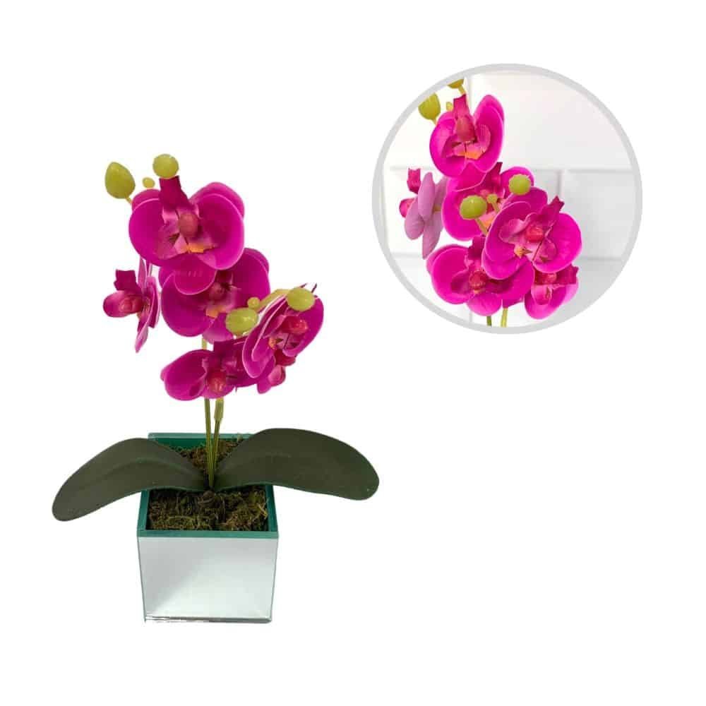 Arranjo de Orquídea Artificial Com Vaso de Vidro Espelhado:Rosa