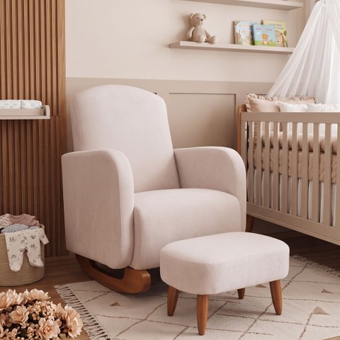 Poltrona Amamentação Organica - Organite com Puff Canoa Boucle Bege- Larbelle Móveis
