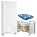 Ver imagem 1 de Berço Americano Mirelle com Colchão e Guarda Roupa Ternura Baby 3 Portas Branco Brilho - Incorplac