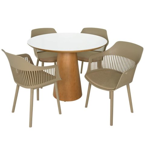 Conjunto Mesa de Jantar Redonda Quiara 100cm Branco com 4 Cadeiras Marcela - Nude Escuro