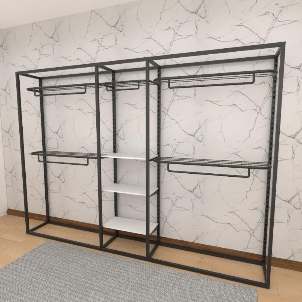 Arara closet, estilo industrial, guarda roupas aberto com 17 peças preto e branco fbprb433 - 2