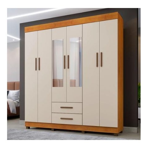 Guarda Roupa Casal com Espelho 6 Portas 2 Gavetas com Pés 170cm Copacabana Cinamomo/Off White - Benetil