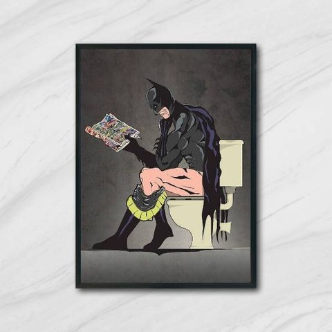 Quadro Decorativo Batman No Banheiro 24x18cm - com vidro:Madeira preta