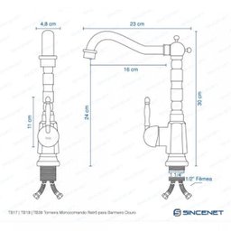 Torneira Alta para Banheiro Monocomando 30x23cm Retrô Douro Bela Metais - 3 Torneira Alta para Banheiro Monocomando 30x23cm Retrô Douro Bela Metais - 3