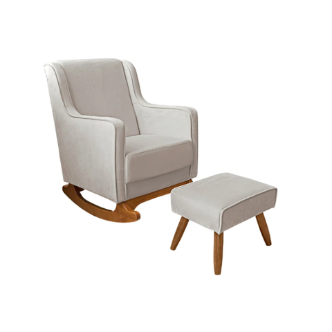 Cadeira Poltrona de Amamentação e Balanço C/ Puff Veludo Off White - Lahome Decor Aquila